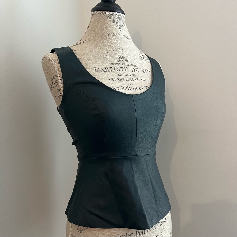 BCBG Scoop Neck Faux Leather Peplum Top